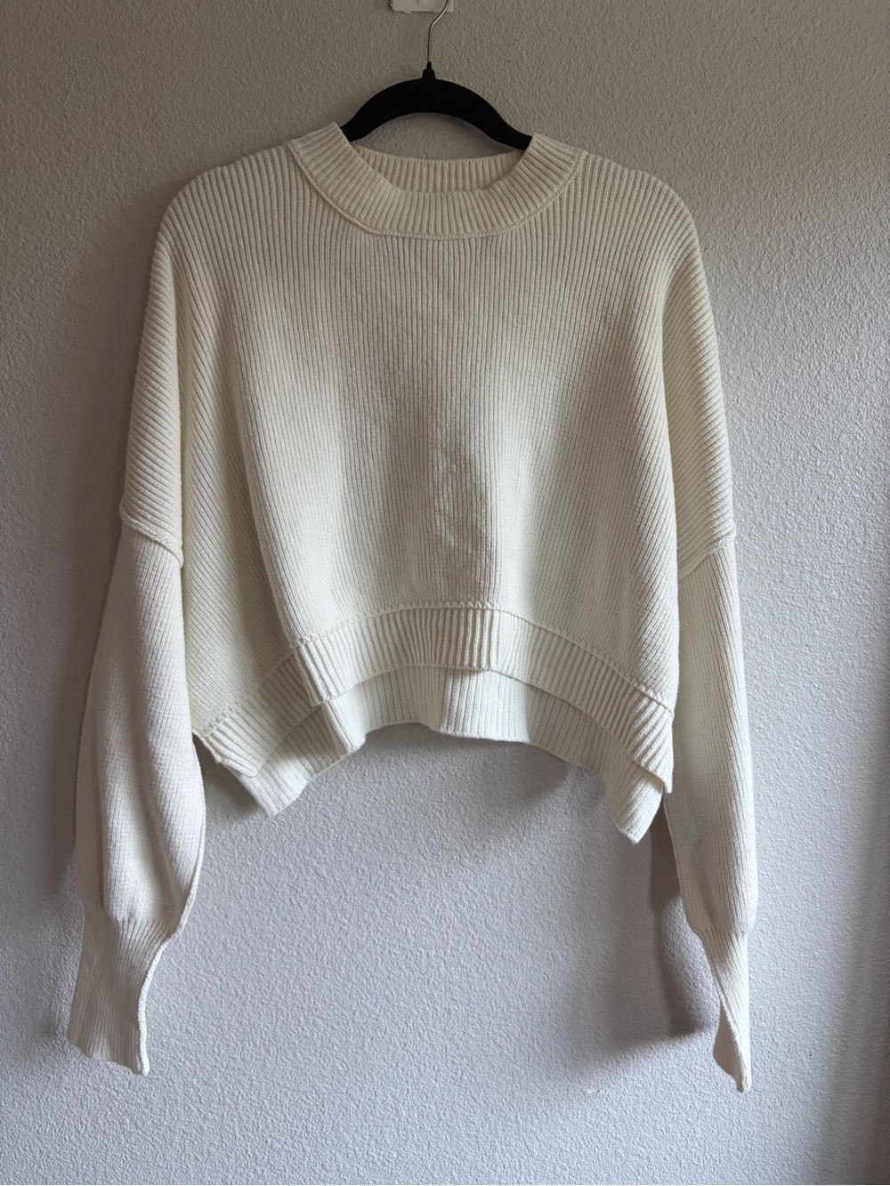 Free People Cream Ribbed Cropped Crew Sweater